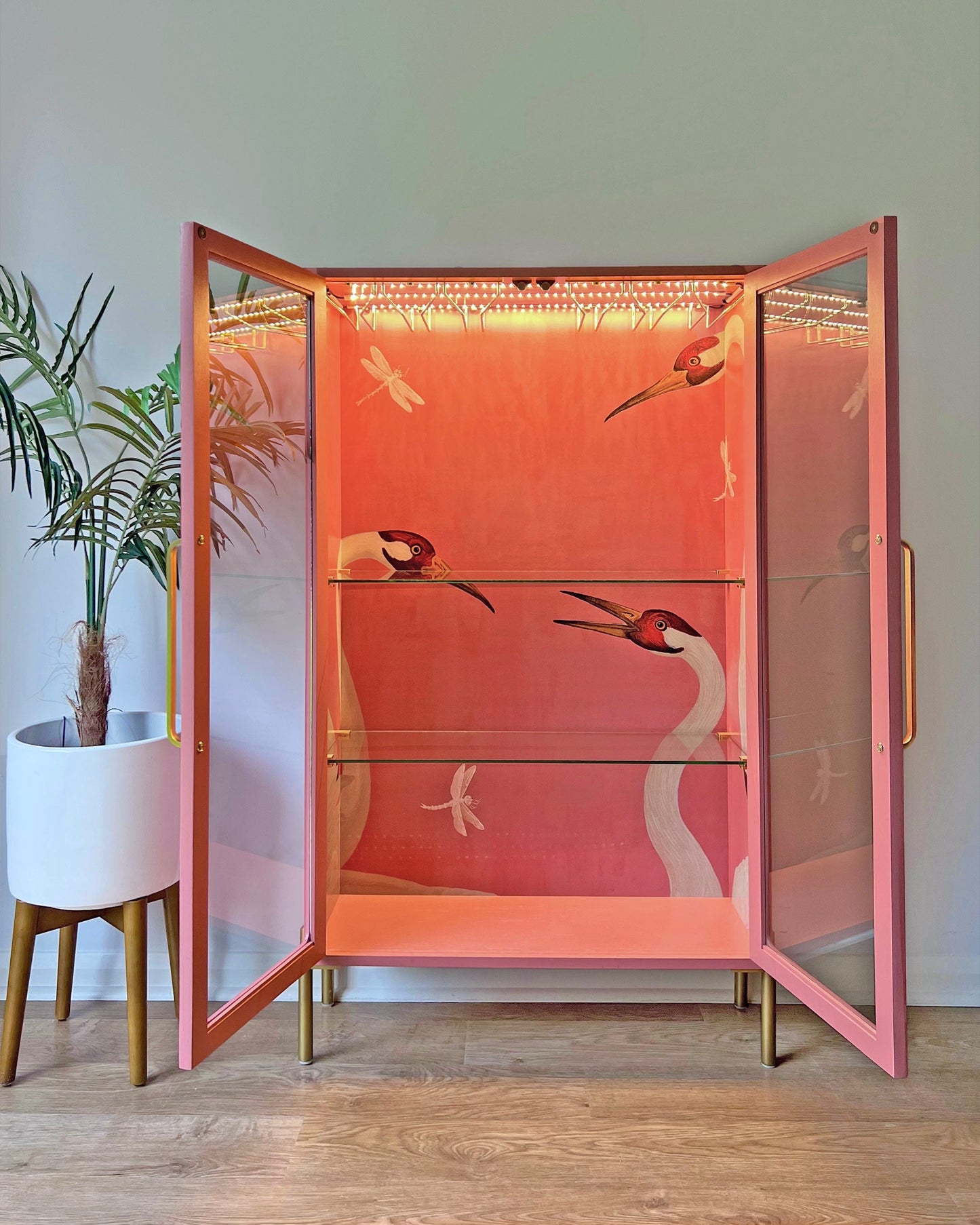 G Plan Modern Glass Display Drinks Cocktail Cabinet - Pink Gucci Herons - Made To Order