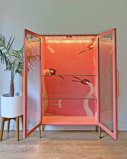 G Plan Modern Glass Display Drinks Cocktail Cabinet - Pink Gucci Herons - Made To Order