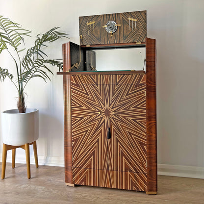 Luxury Art Deco Gold Starburst Walnut Drinks Cocktail Cabinet - ‘The Supernova’