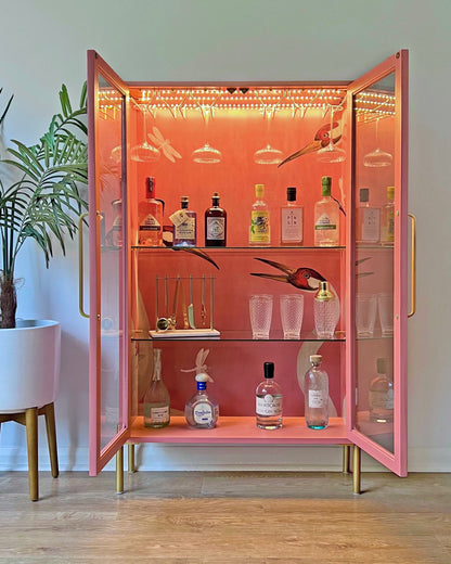 G Plan Modern Glass Display Drinks Cocktail Cabinet - Pink Gucci Herons - Made To Order