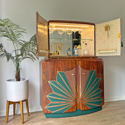 Large Vintage Walnut 1920s Art Deco Cocktail Cabinet - Red & Green Bespoke Hand-Painted Design - *MADE TO ORDER*