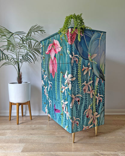 Large Curved Wide Chest of Drawers Decoupaged in Teal Blue 'Trailing Orchids'