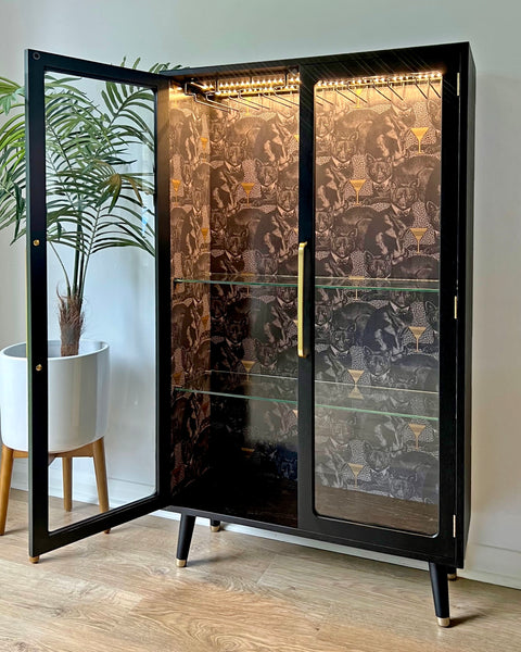 G Plan Black & Gold Glass Fronted Display Drinks Cabinet in Divine Savages Cat-itude - MADE TO ORDER