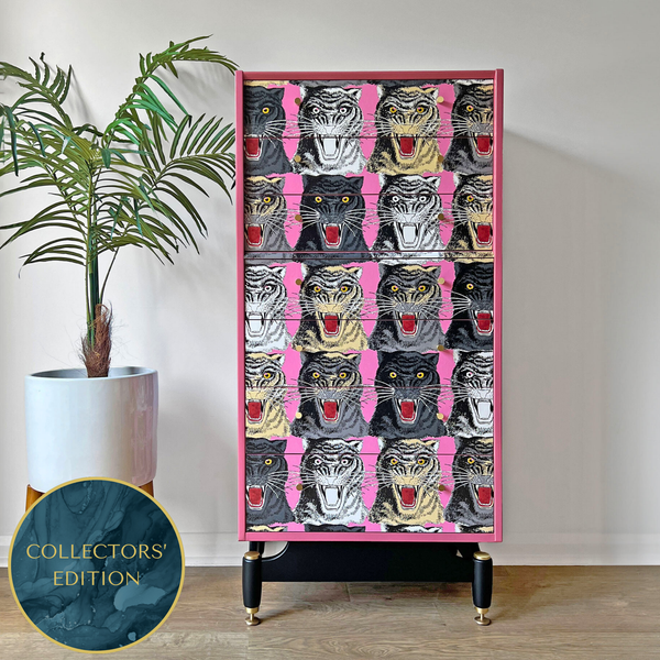 Vintage G Plan Tola Tallboy Chest of Drawers - Rare Gucci Pink Tiger Faces - ‘The Catwalk’