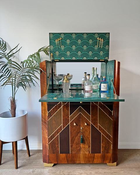 Art Deco Gatsby Walnut Gold Geometric Drinks Cocktail Whiskey Cabinet