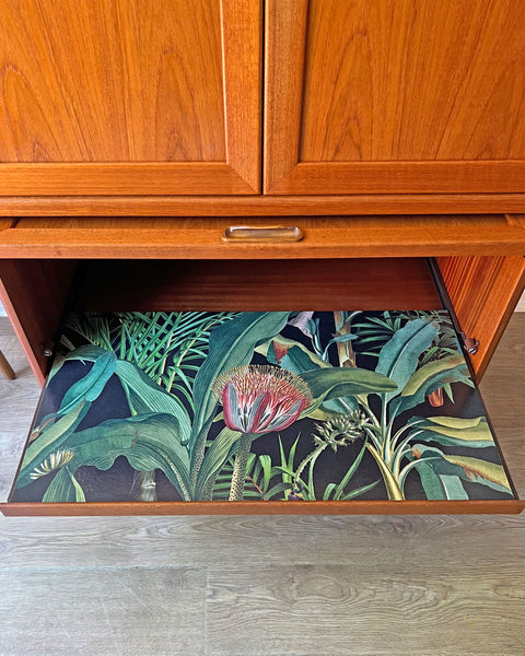 Vintage Mid Century G Plan Fresco Drinks Cocktail Cabinet on Wooden Legs - Tropical Parrot