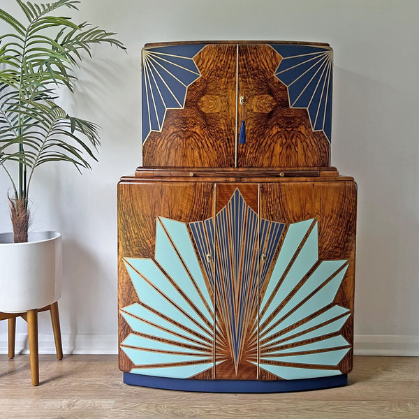 Large Vintage Walnut 1920s Art Deco Cocktail Cabinet - Bespoke Hand-Painted Design - *MADE TO ORDER*