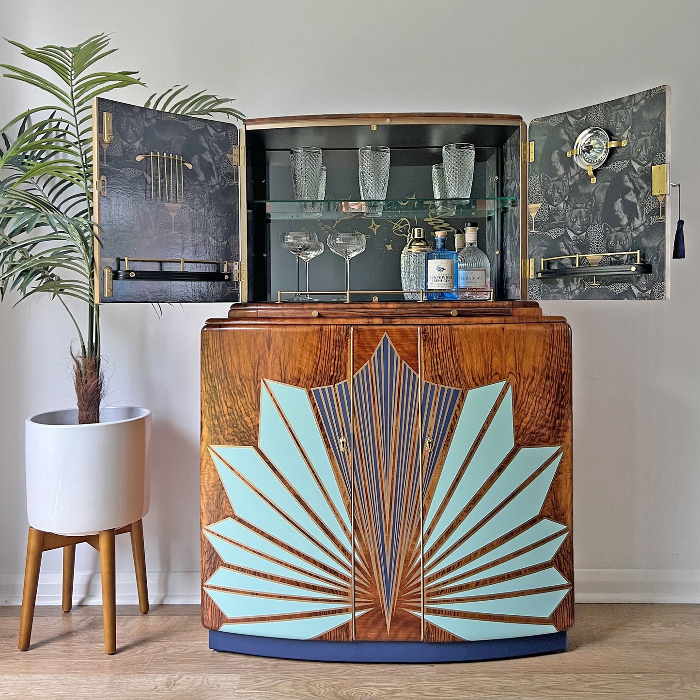 Large Vintage Walnut 1920s Art Deco Cocktail Cabinet - Bespoke Hand-Painted Design - *MADE TO ORDER*