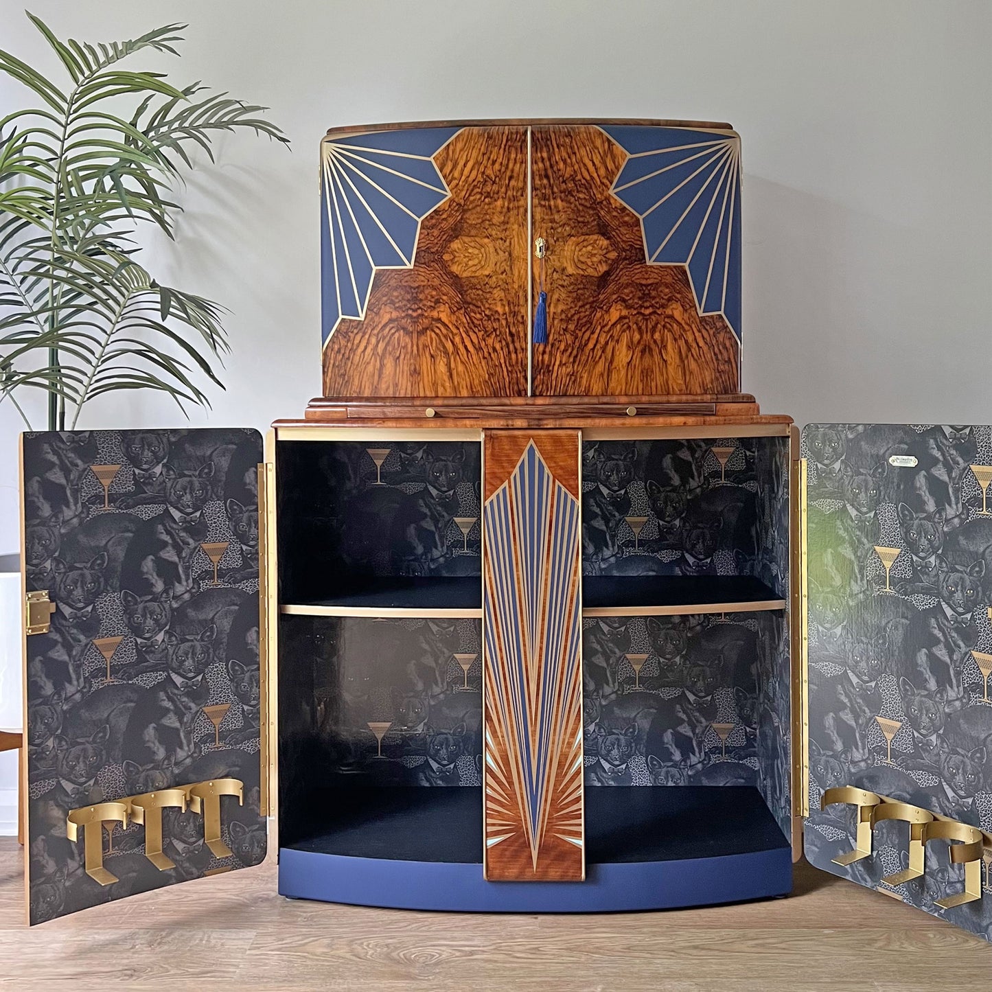 Large Vintage Walnut 1920s Art Deco Cocktail Cabinet - Bespoke Hand-Painted Design - *MADE TO ORDER*