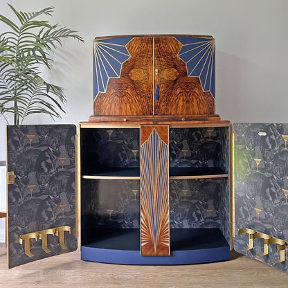 Large Vintage Walnut 1920s Art Deco Cocktail Cabinet - Bespoke Hand-Painted Design - *MADE TO ORDER*