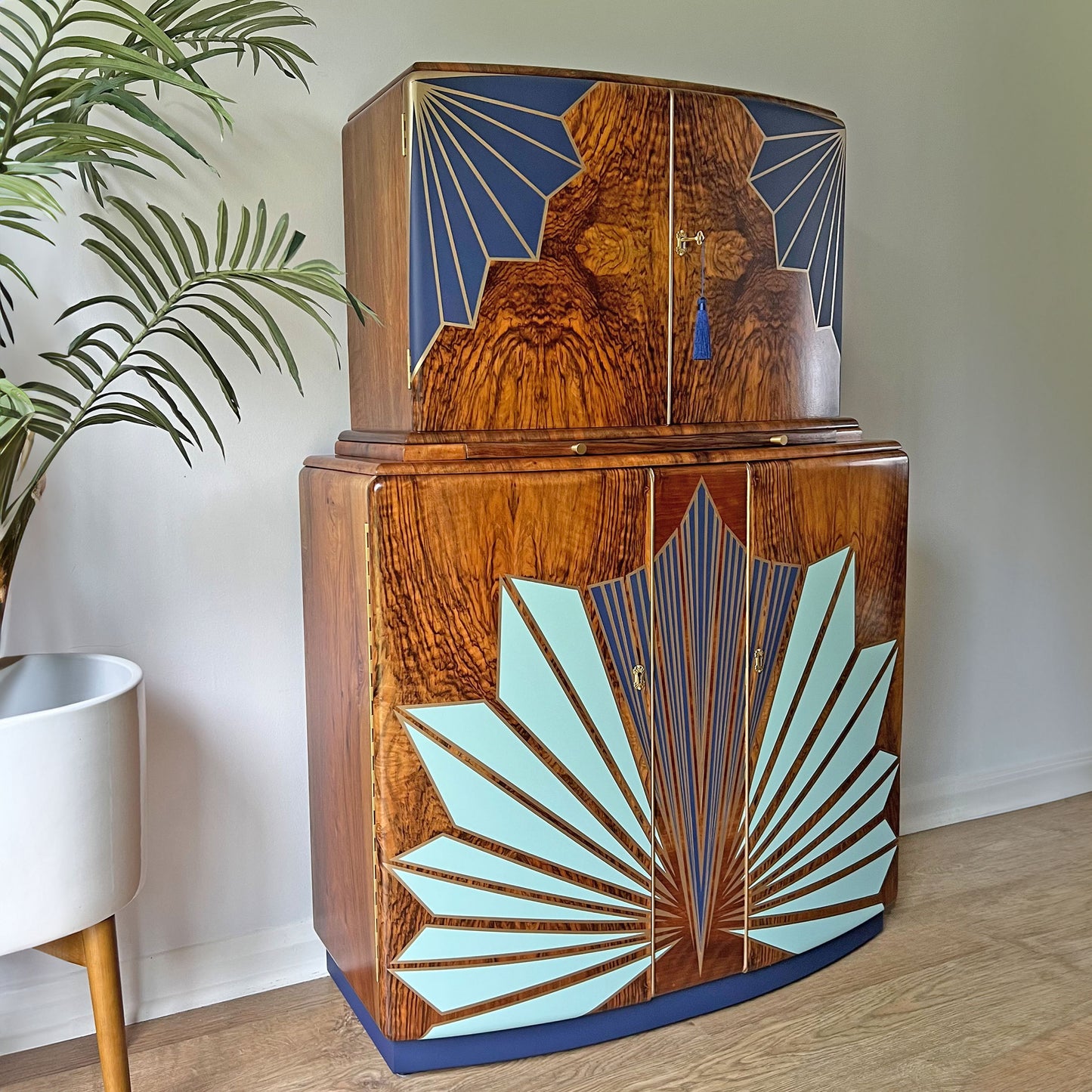 Large Vintage Walnut 1920s Art Deco Cocktail Cabinet - Bespoke Hand-Painted Design - *MADE TO ORDER*