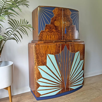 Large Vintage Walnut 1920s Art Deco Cocktail Cabinet - Bespoke Hand-Painted Design - *MADE TO ORDER*