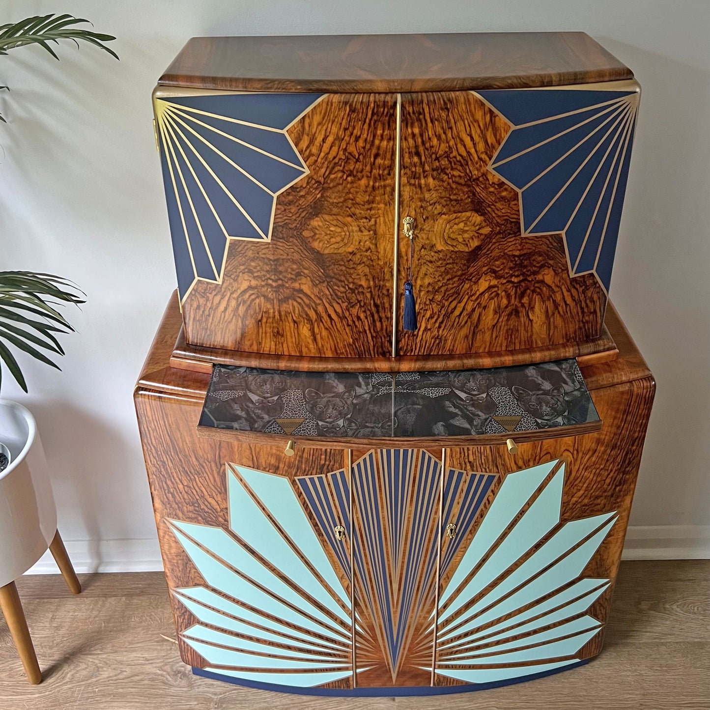 Large Vintage Walnut 1920s Art Deco Cocktail Cabinet - Bespoke Hand-Painted Design - *MADE TO ORDER*