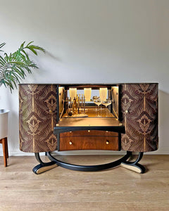 Art Deco Beautility Walnut Cocktail Cabinet with Black & Gold Decadent Design
