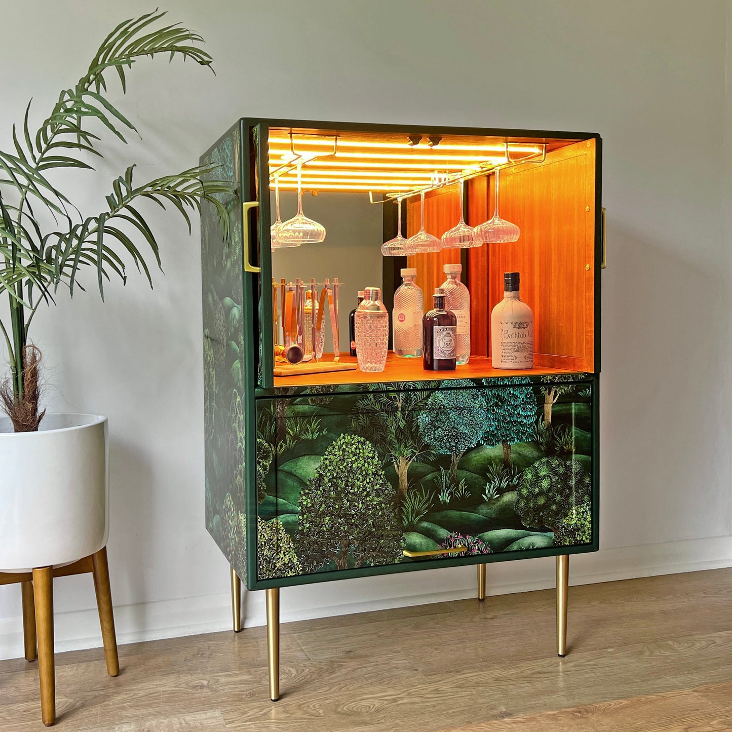Vintage Mid Century G Plan Fresco Drinks Cocktail Cabinet - Cole & Son Forest - Brass Legs - *MADE TO ORDER*