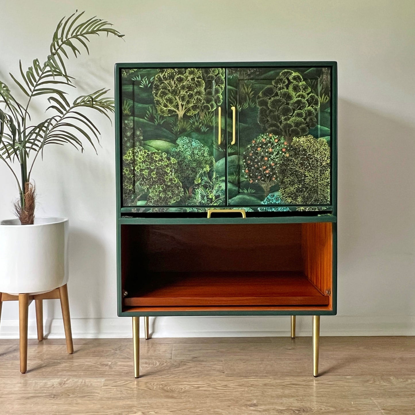 Vintage Mid Century G Plan Fresco Drinks Cocktail Cabinet - Cole & Son Forest - Brass Legs - *MADE TO ORDER*