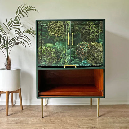 Vintage Mid Century G Plan Fresco Drinks Cocktail Cabinet - Cole & Son Forest - Brass Legs - *MADE TO ORDER*