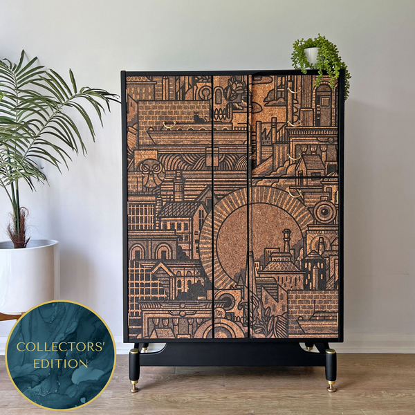 Vintage G Plan Librenza Large Drinks Cabinet in Drew Millward 'Hit The North' Real Cork Design - ‘The Corker’