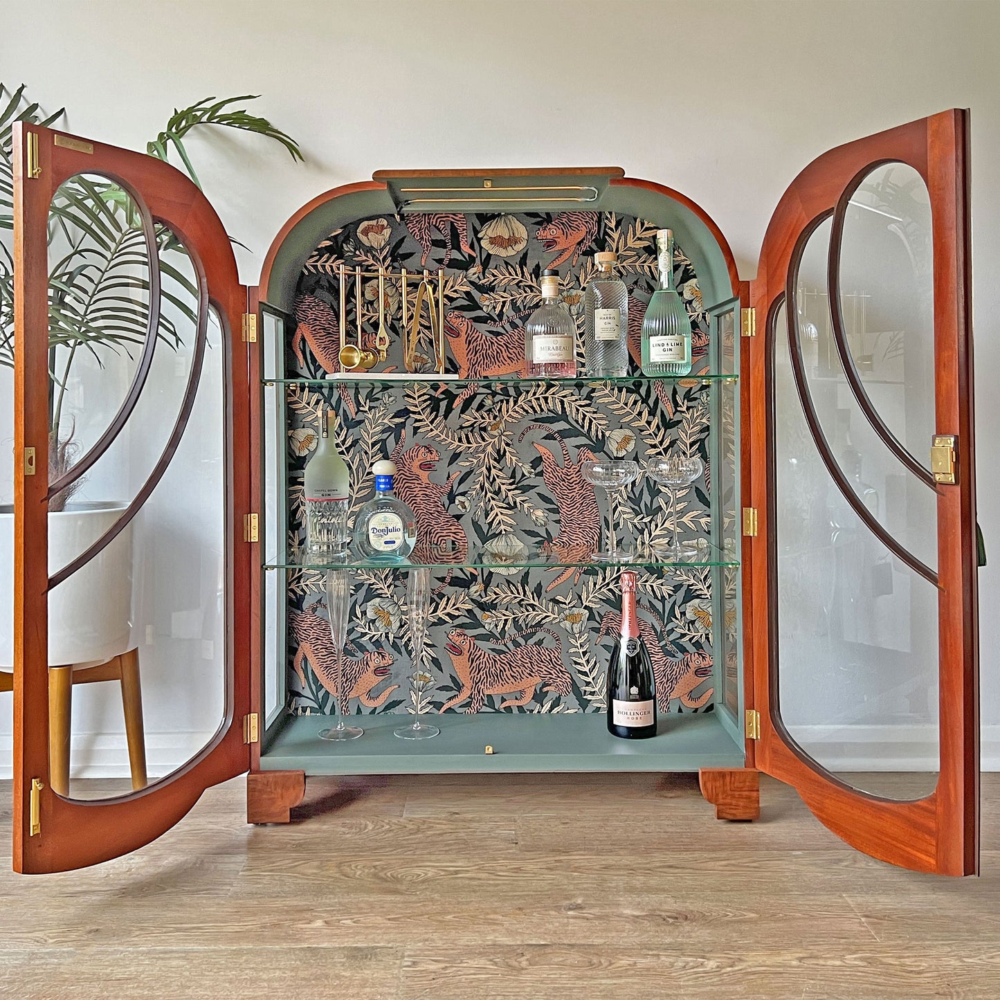 Vintage Art Deco Walnut Glazed Display Drinks Cabinet with Luxurious Sage Green Velvet Interior