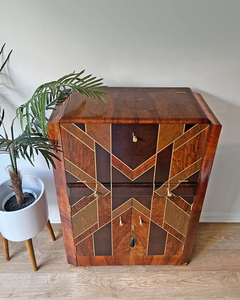 Art Deco Gatsby Walnut Gold Geometric Drinks Cocktail Whiskey Cabinet