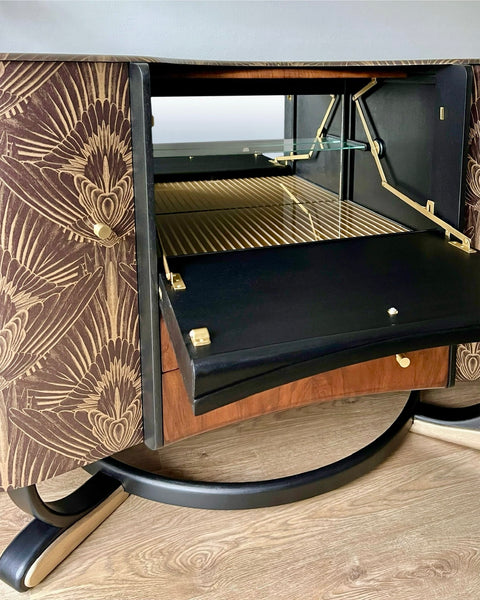 Art Deco Beautility Walnut Cocktail Cabinet with Black & Gold Decadent Design