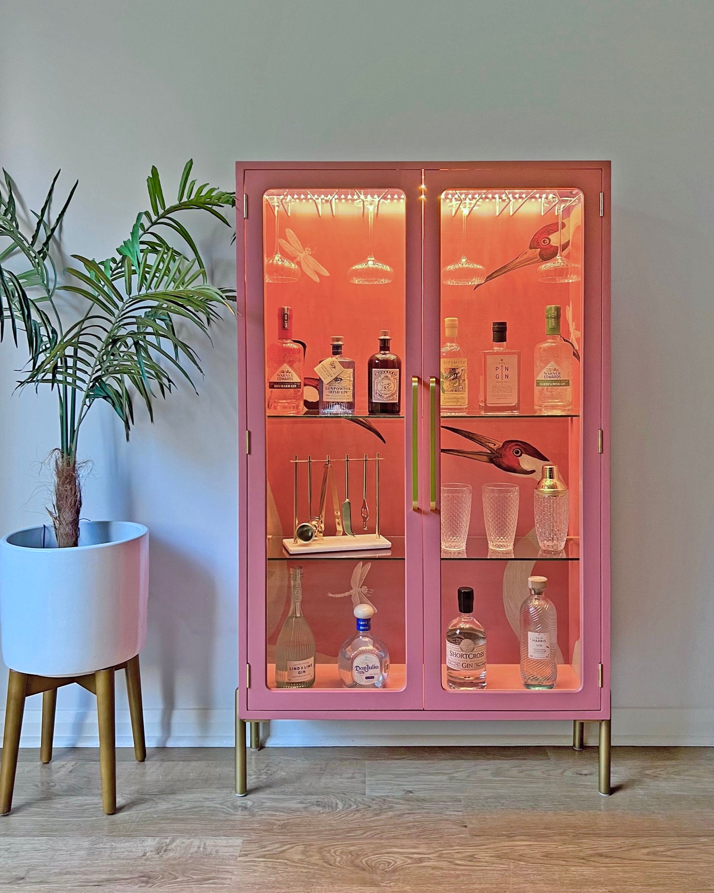 G Plan Modern Glass Display Drinks Cocktail Cabinet - Pink Gucci Herons - Made To Order