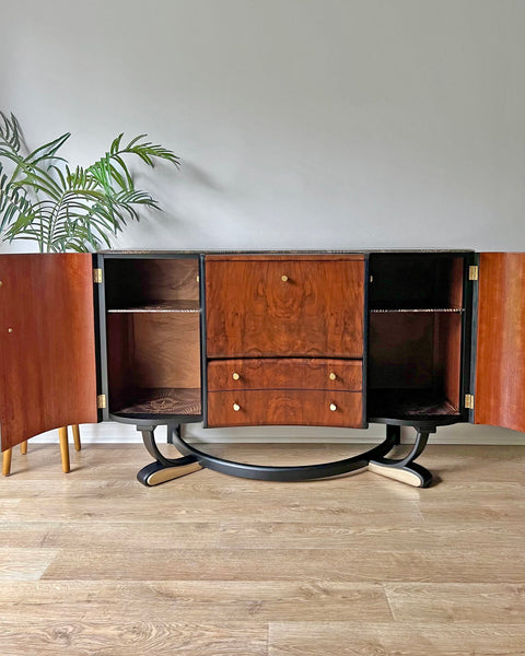 Art Deco Beautility Walnut Cocktail Cabinet with Black & Gold Decadent Design