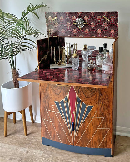 Vintage Walnut 1920s Art Deco Cocktail Cabinet - Bespoke Hand-Painted Design - Made to Order