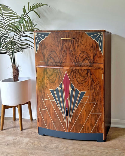 Vintage Walnut 1920s Art Deco Cocktail Cabinet - Bespoke Hand-Painted Design - *MADE TO ORDER*