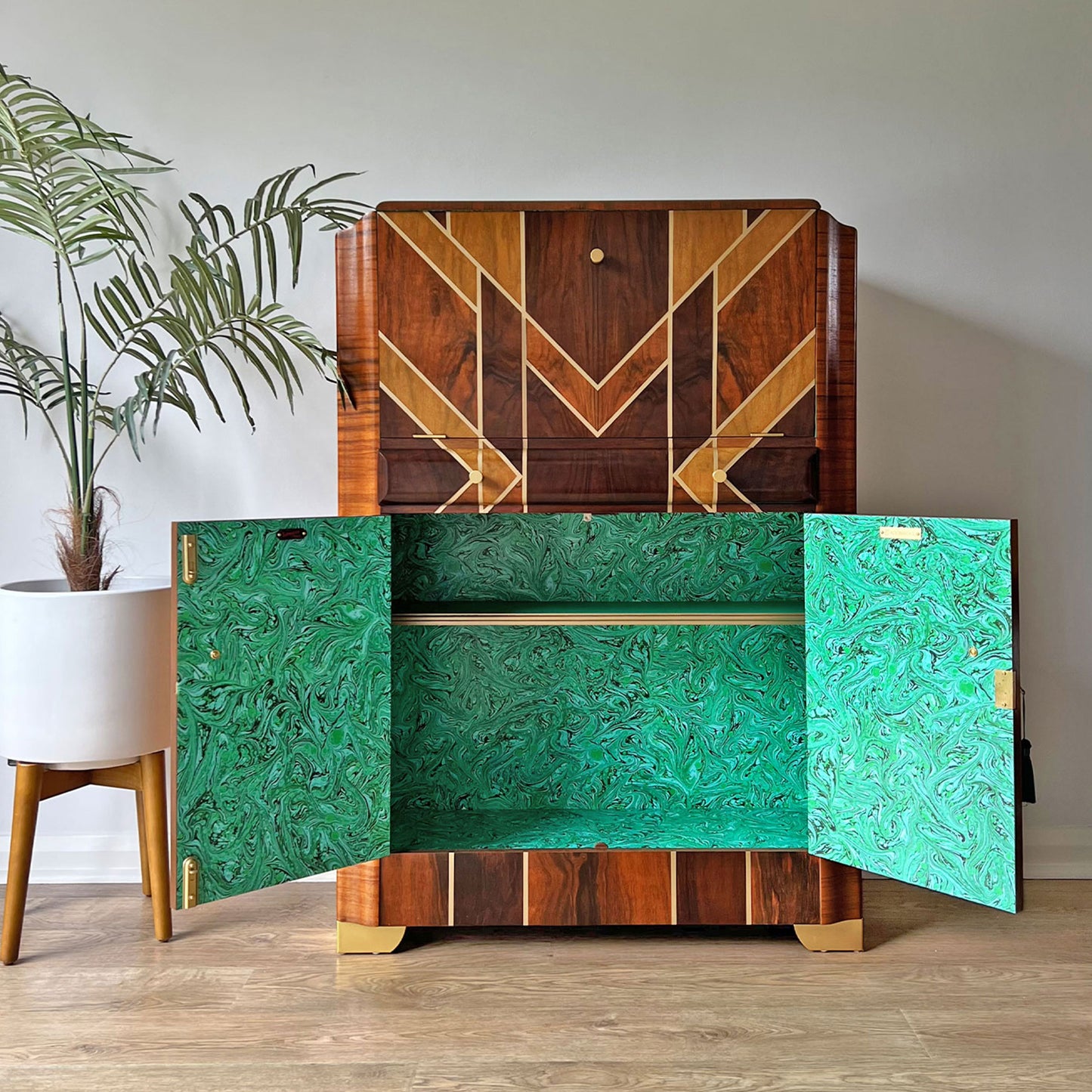 Art Deco Gatsby Walnut Gold Geometric Drinks Cocktail Whiskey Cabinet - *MADE TO ORDER*