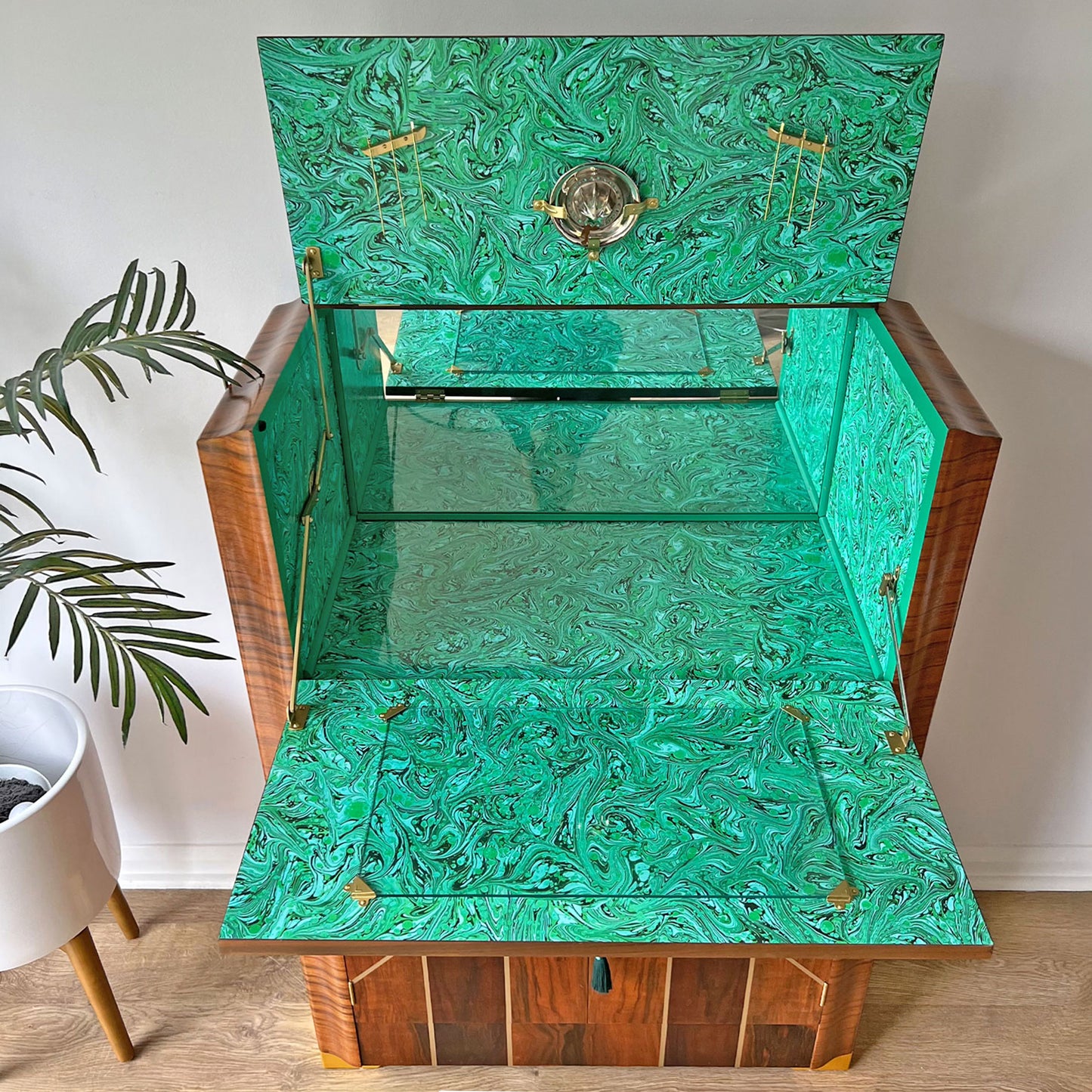 Art Deco Gatsby Walnut Gold Geometric Drinks Cocktail Whiskey Cabinet - *MADE TO ORDER*