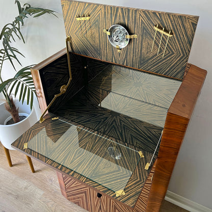 Luxury Art Deco Gold Starburst Walnut Drinks Cocktail Cabinet - ‘The Supernova’