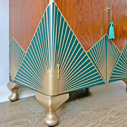 Art Deco Walnut Drinks Cocktail Gin Wine Bar Cabinet - Green & Gold  *MADE TO ORDER*