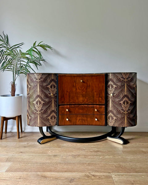 Art Deco Beautility Walnut Cocktail Cabinet with Black & Gold Decadent Design