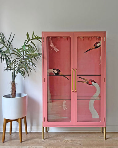 G Plan Glass Display Drinks Cocktail Cabinet - Pink Gucci Herons