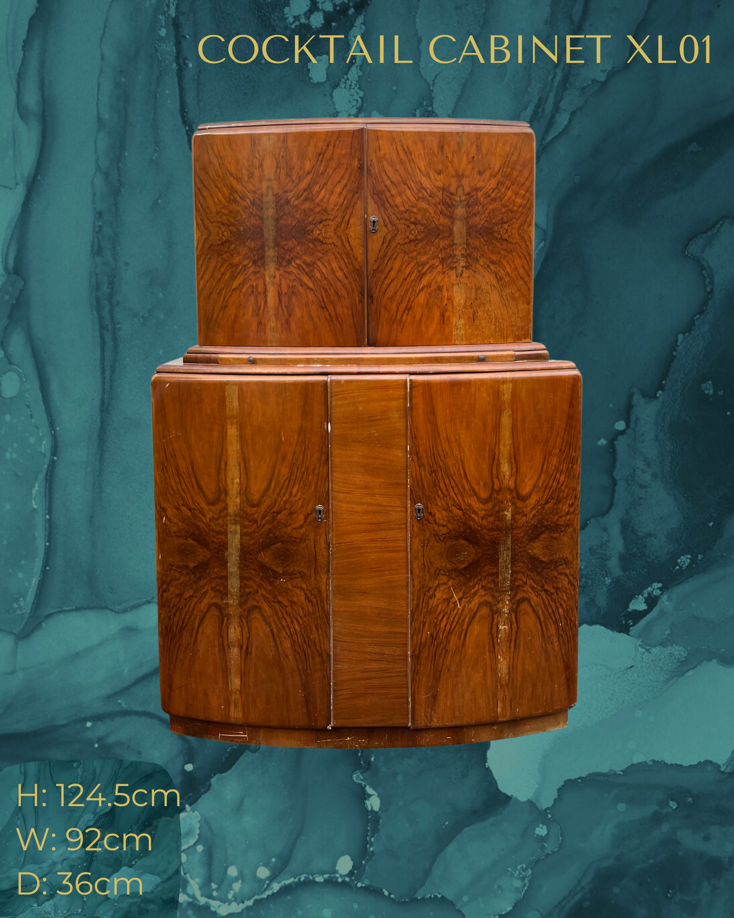 Large Vintage Walnut 1920s Art Deco Cocktail Cabinet - Bespoke Hand-Painted Design - *MADE TO ORDER*