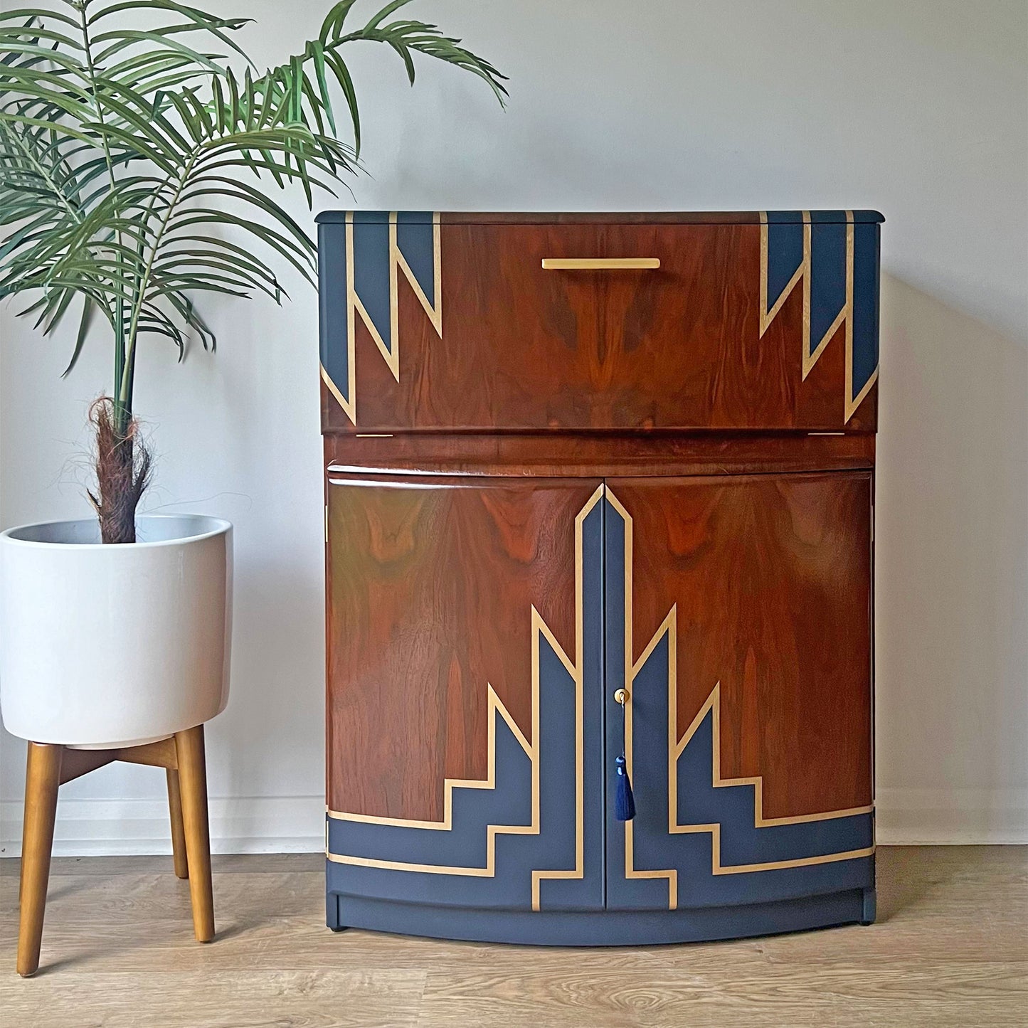 Vintage Walnut 1920s Art Deco Cocktail Cabinet - Bespoke Hand-Painted Design - Midnight Rising - *MADE TO ORDER*