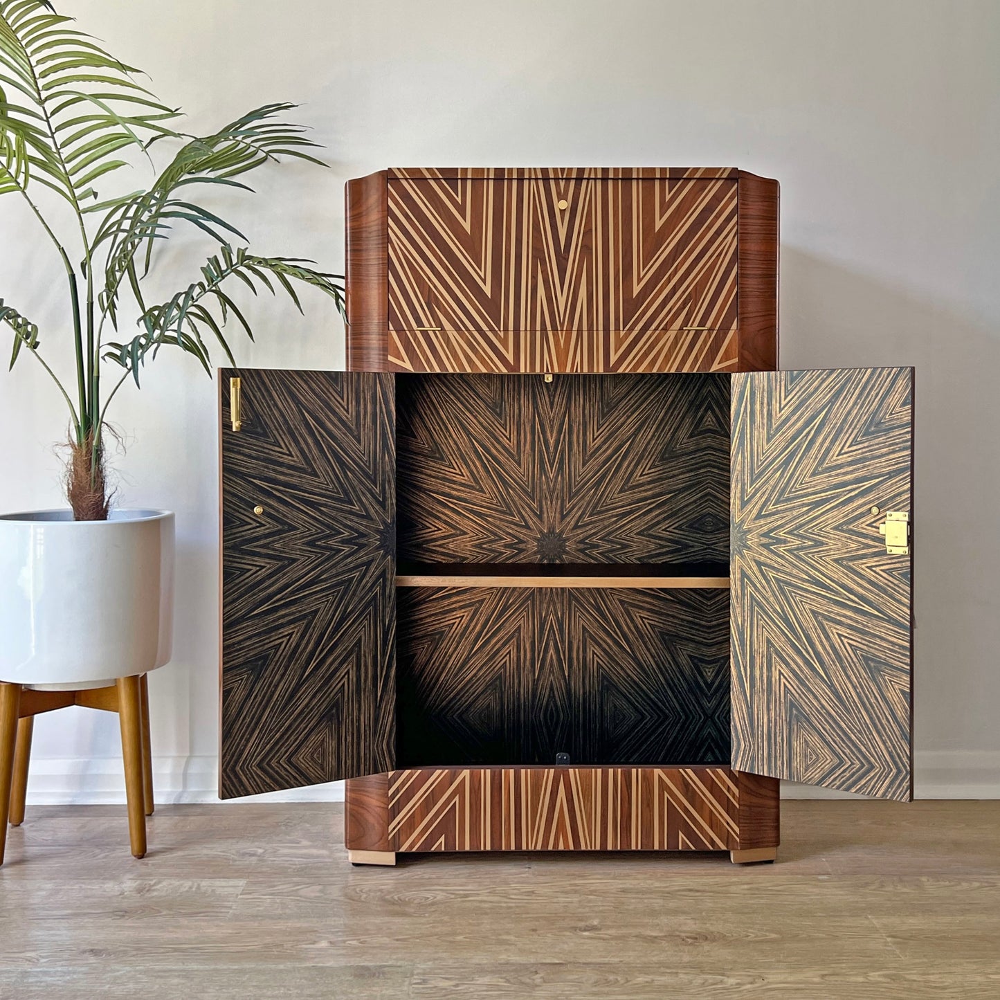 Luxury Art Deco Gold Starburst Walnut Drinks Cocktail Cabinet - ‘The Supernova’