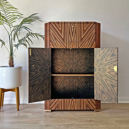 Luxury Art Deco Gold Starburst Walnut Drinks Cocktail Cabinet - ‘The Supernova’