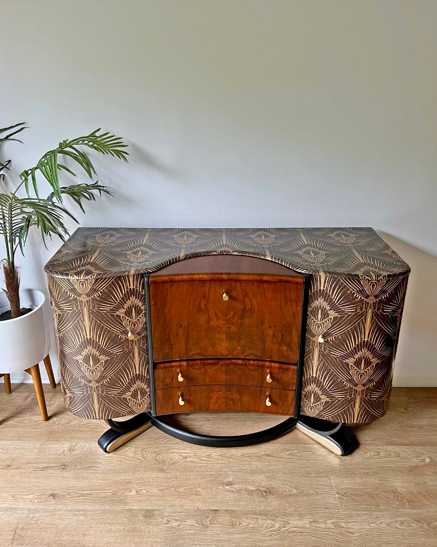 Art Deco Beautility Walnut Cocktail Cabinet with Black & Gold Decadent Design
