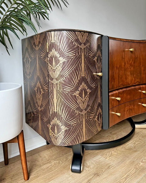 Art Deco Beautility Walnut Cocktail Cabinet with Black & Gold Decadent Design