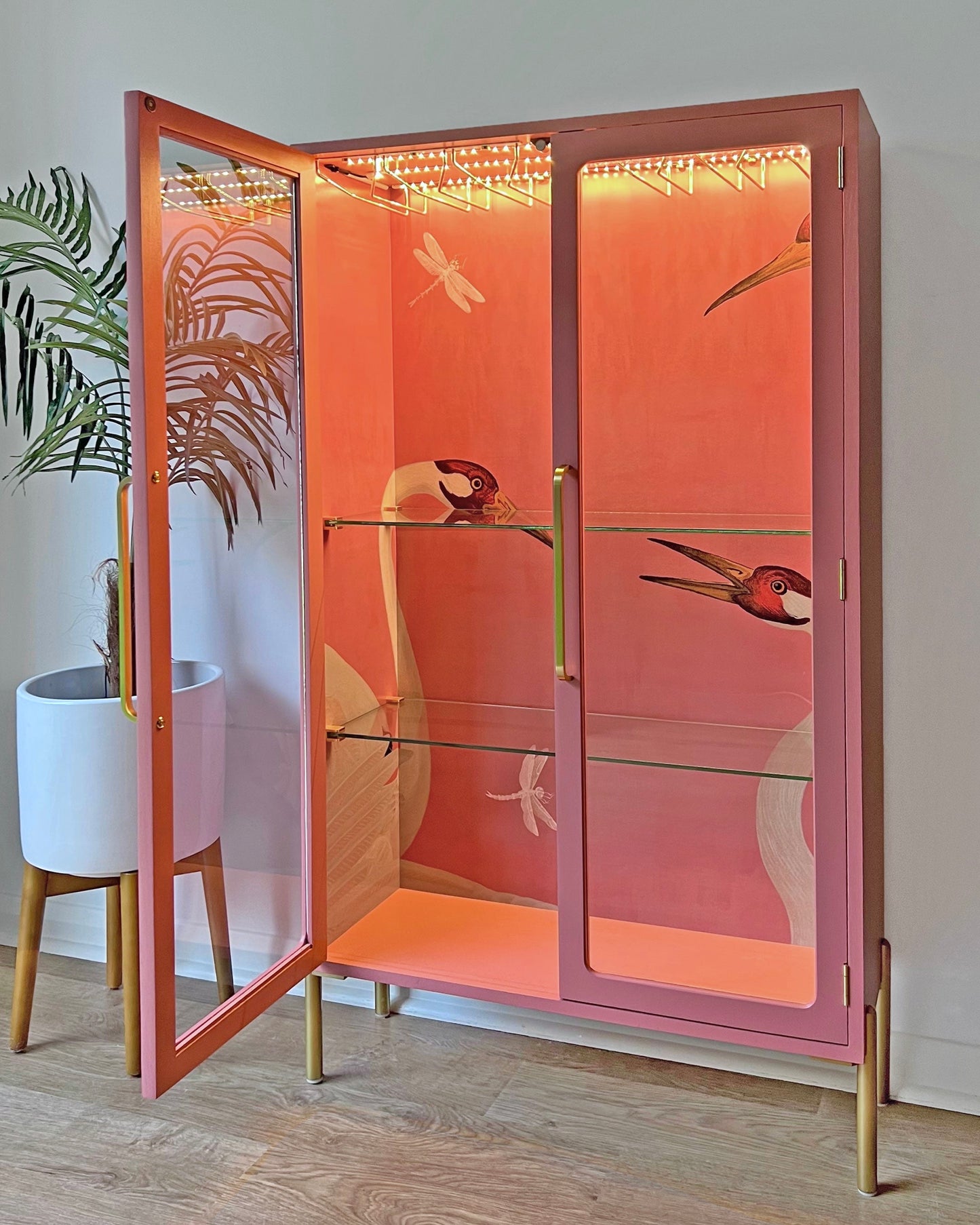 G Plan Glass Display Drinks Cocktail Cabinet - Pink Gucci Herons
