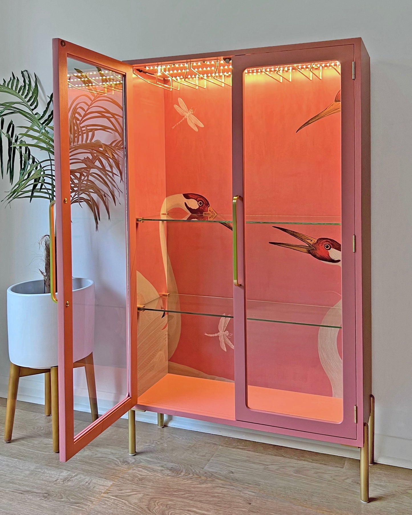 G Plan Modern Glass Display Drinks Cocktail Cabinet - Pink Gucci Herons - Made To Order