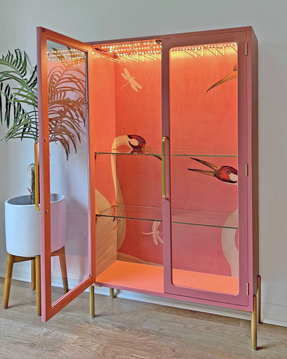 G Plan Modern Glass Display Drinks Cocktail Cabinet - Pink Gucci Herons - Made To Order