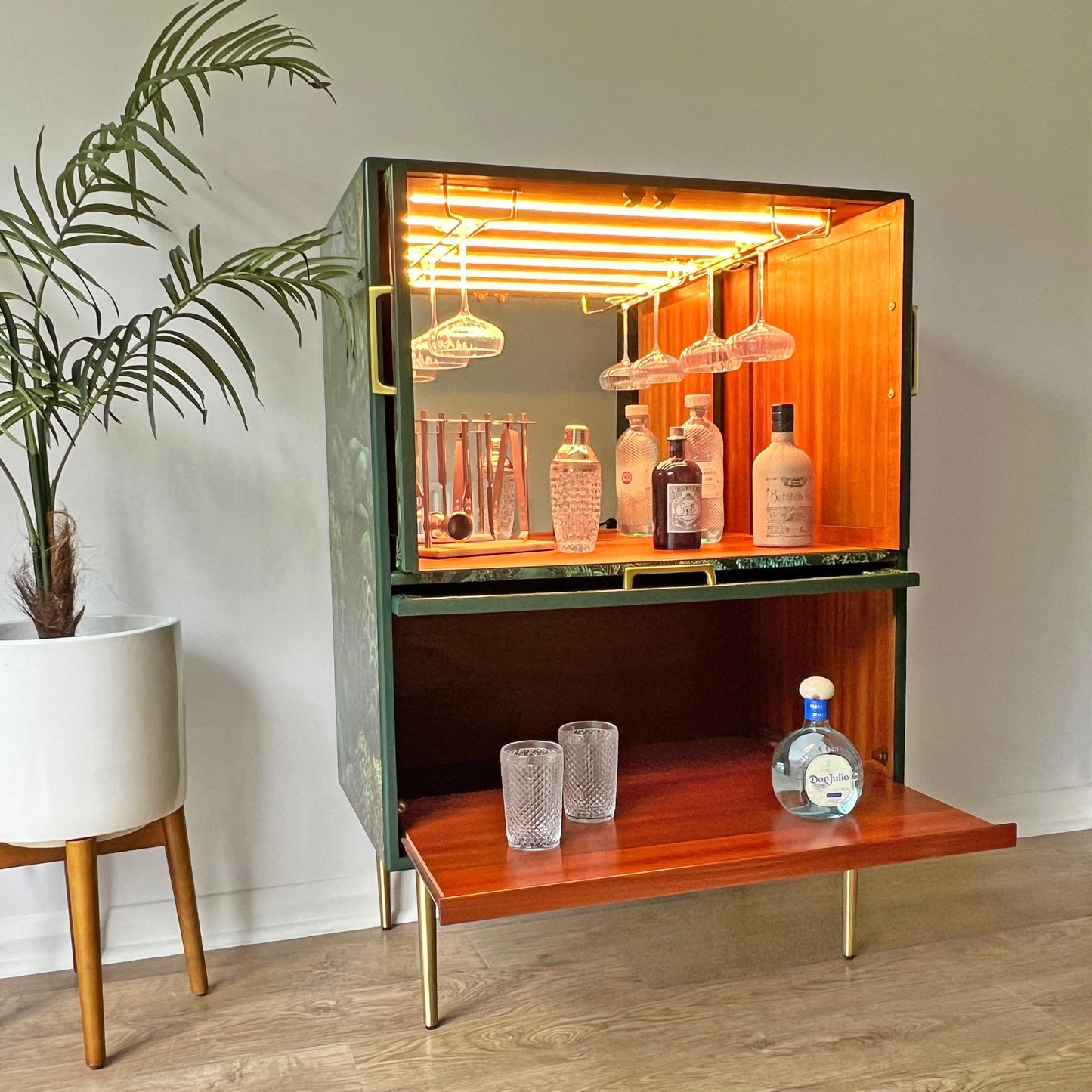 Vintage Mid Century G Plan Fresco Drinks Cocktail Cabinet - Cole & Son Forest - Brass Legs - *MADE TO ORDER*
