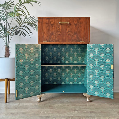 Art Deco Walnut Drinks Cocktail Gin Wine Bar Cabinet - Green & Gold  *MADE TO ORDER*