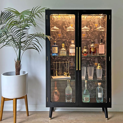 G Plan Black & Gold Glass Fronted Display Drinks Cabinet in Divine Savages Cat-titude - *MADE TO ORDER*