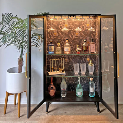 G Plan Black & Gold Glass Fronted Display Drinks Cabinet in Divine Savages Cat-titude - *MADE TO ORDER*