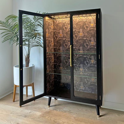 G Plan Black & Gold Glass Fronted Display Drinks Cabinet in Divine Savages Cat-titude - *MADE TO ORDER*