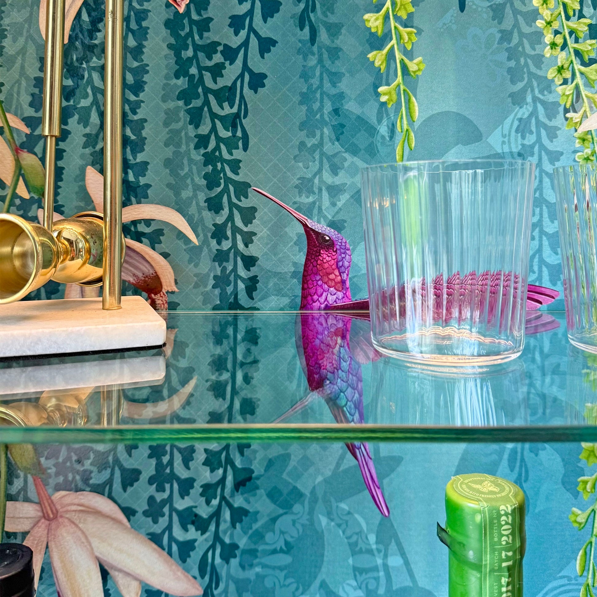 Detailed view of Osborne & Little ‘Trailing Orchids’ wallpaper inside a teal cabinet, featuring a pink hummingbird and glass shelf.